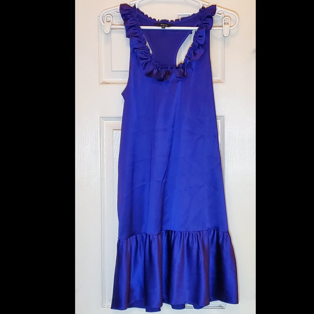 EXPRESS Silk Ruffle Collar Dress XS Cobalt Blue Purple racerback slip Y2K